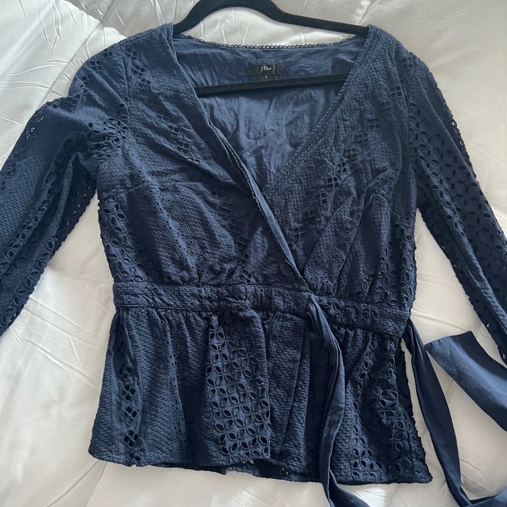 J. Crew Blue Wrap Peplum Blouse with 3/4 Sleeves